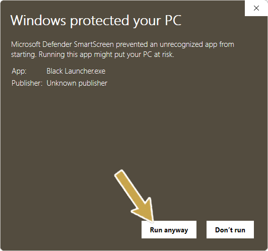 Microsoft Defender SmartScreen details screen with an arrow pointing to Run anyway.
