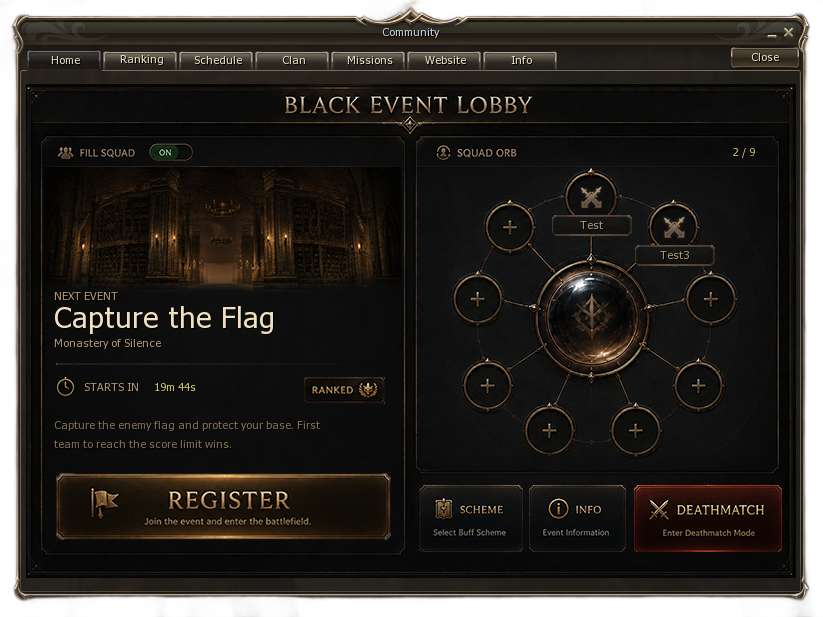 L2 Black Event Lobby showing the next Main Event, Fill Squad control, Squad Orb, buff scheme, event information and Deathmatch access